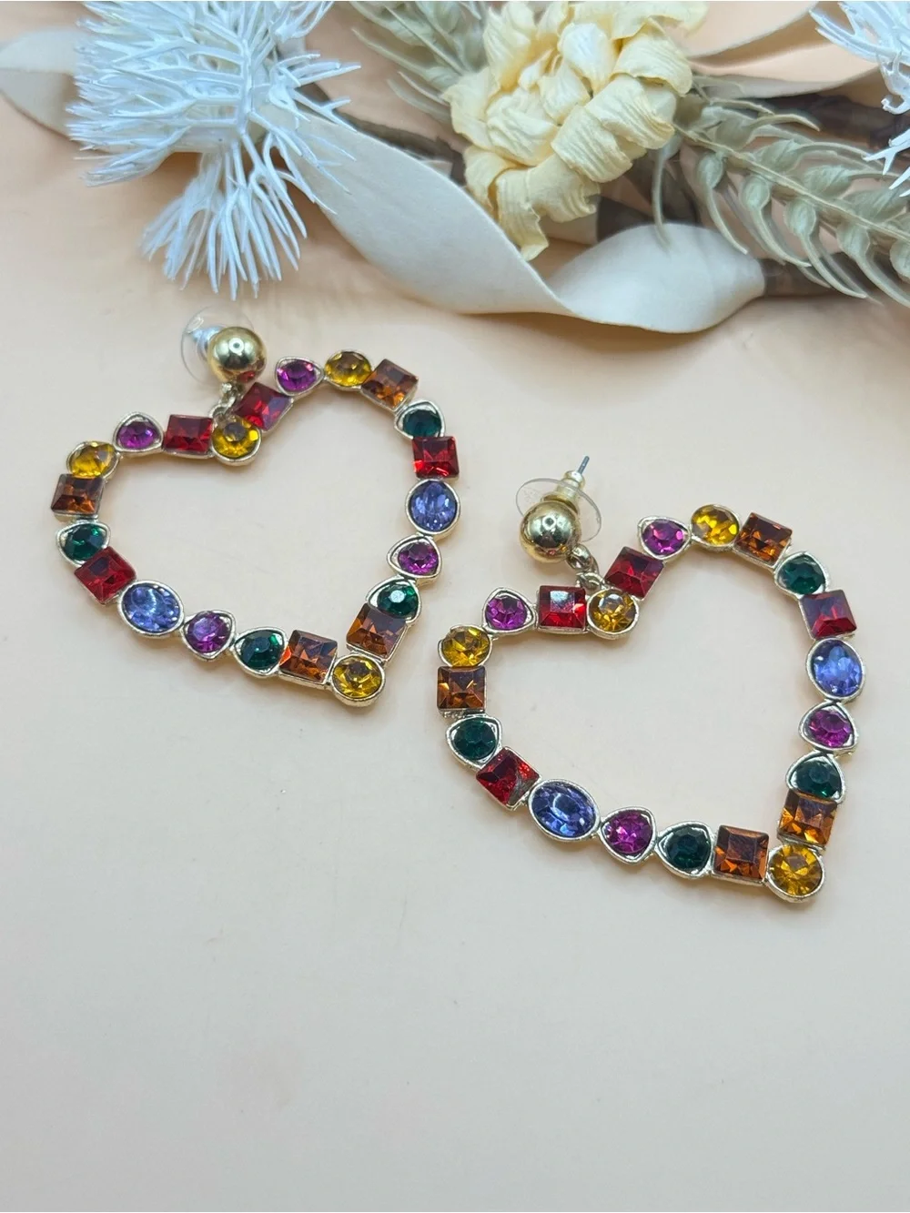 Gold Tone Multicolor Rhinestone Open Heart Statement Earrings Colorful Dangle